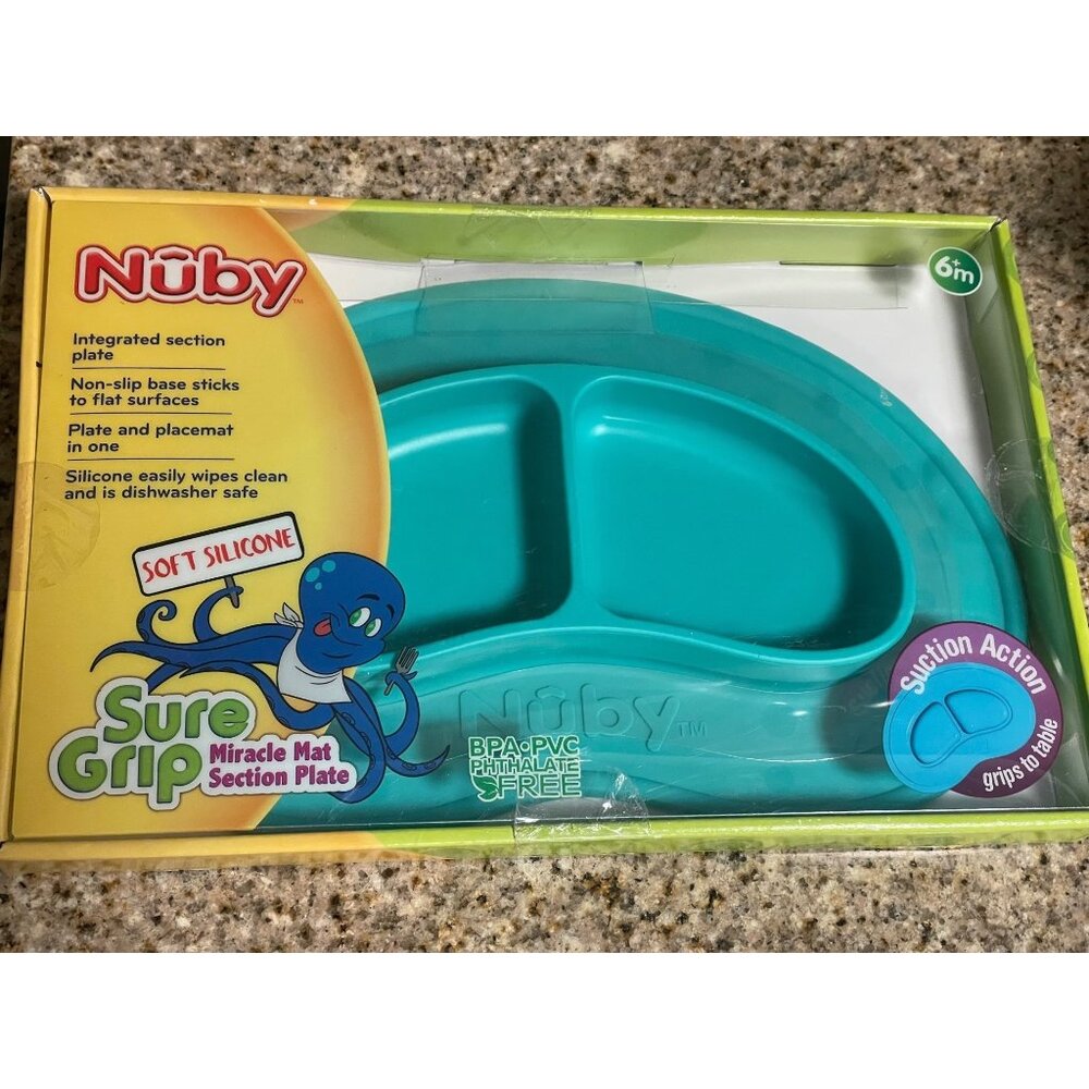 Nuby Sure Grip Miracle Mat Silicone Suction Section Plate Teal Baby Toddler 6m+